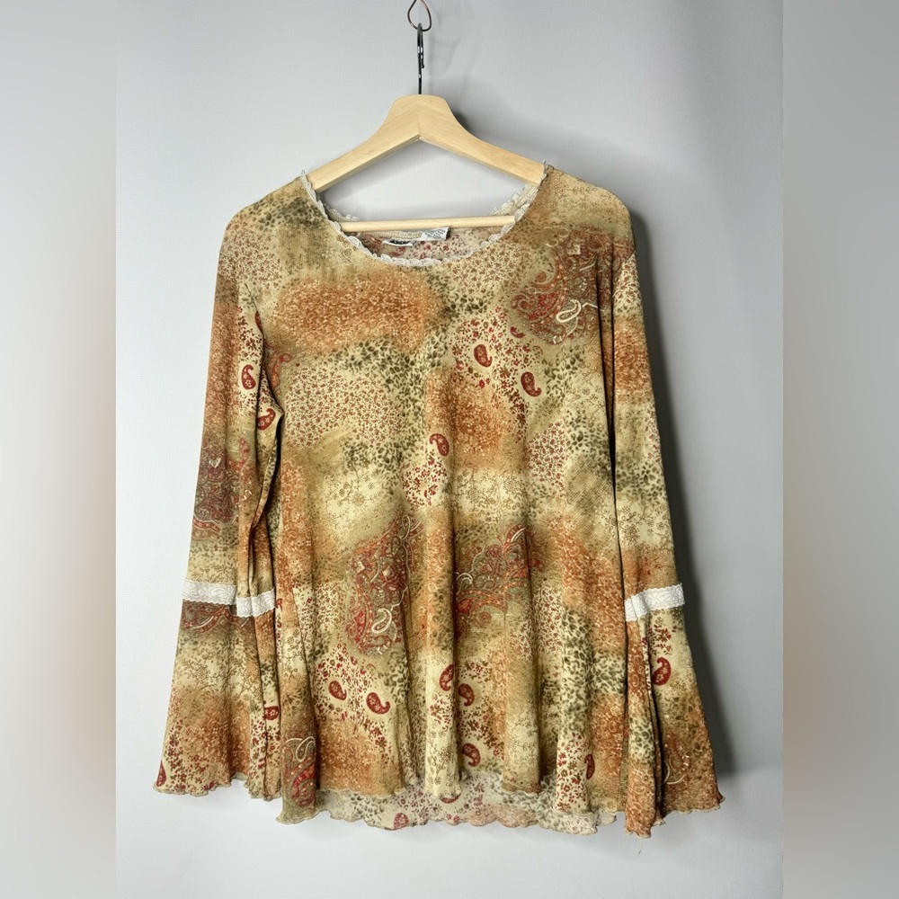 VTG 90s Y2K Floral Scalloped Bell Sleeve Blouse XL Maternity Boho Hippie